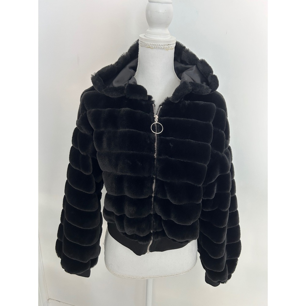 Mob Wife Bomber Jacket Black Faux Hooded Cropped O-Ring Zipper Medium